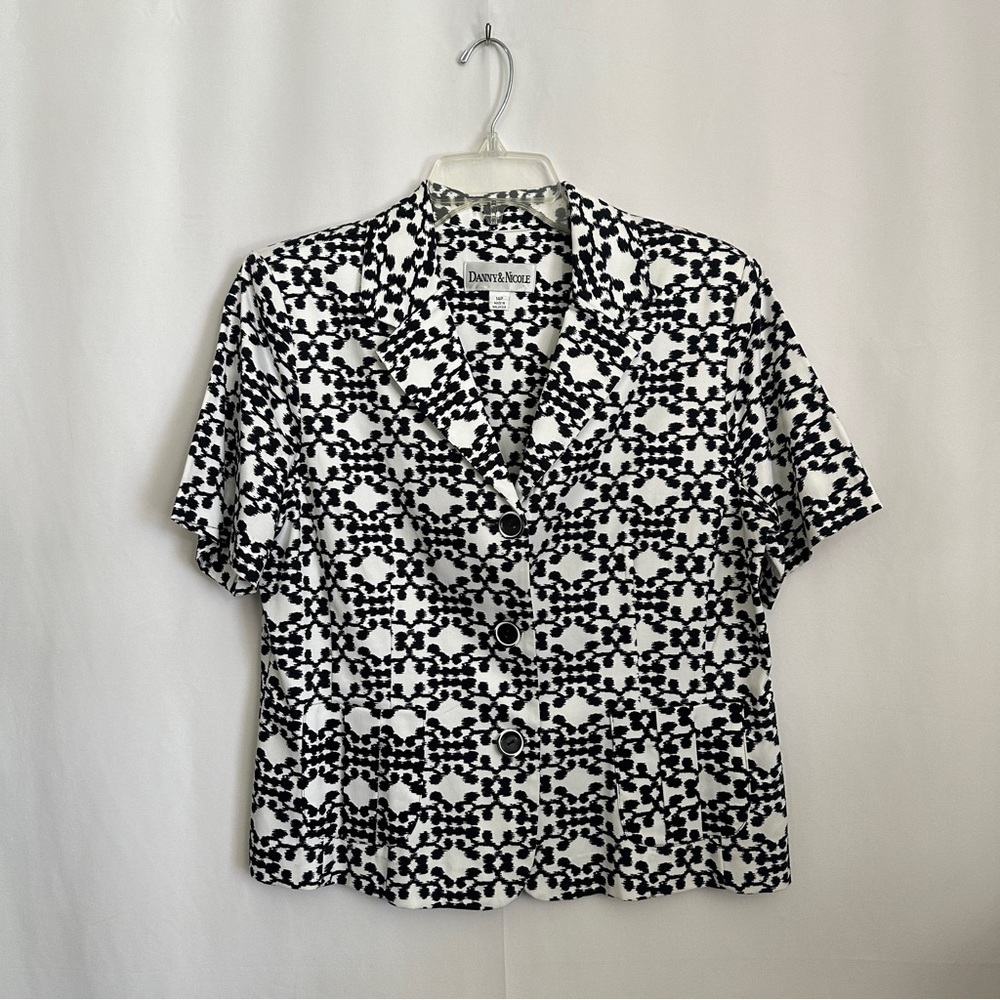 90s Vintage Danny & Nicole Ikat Print Black White Blazer Style Shirt sz 14P